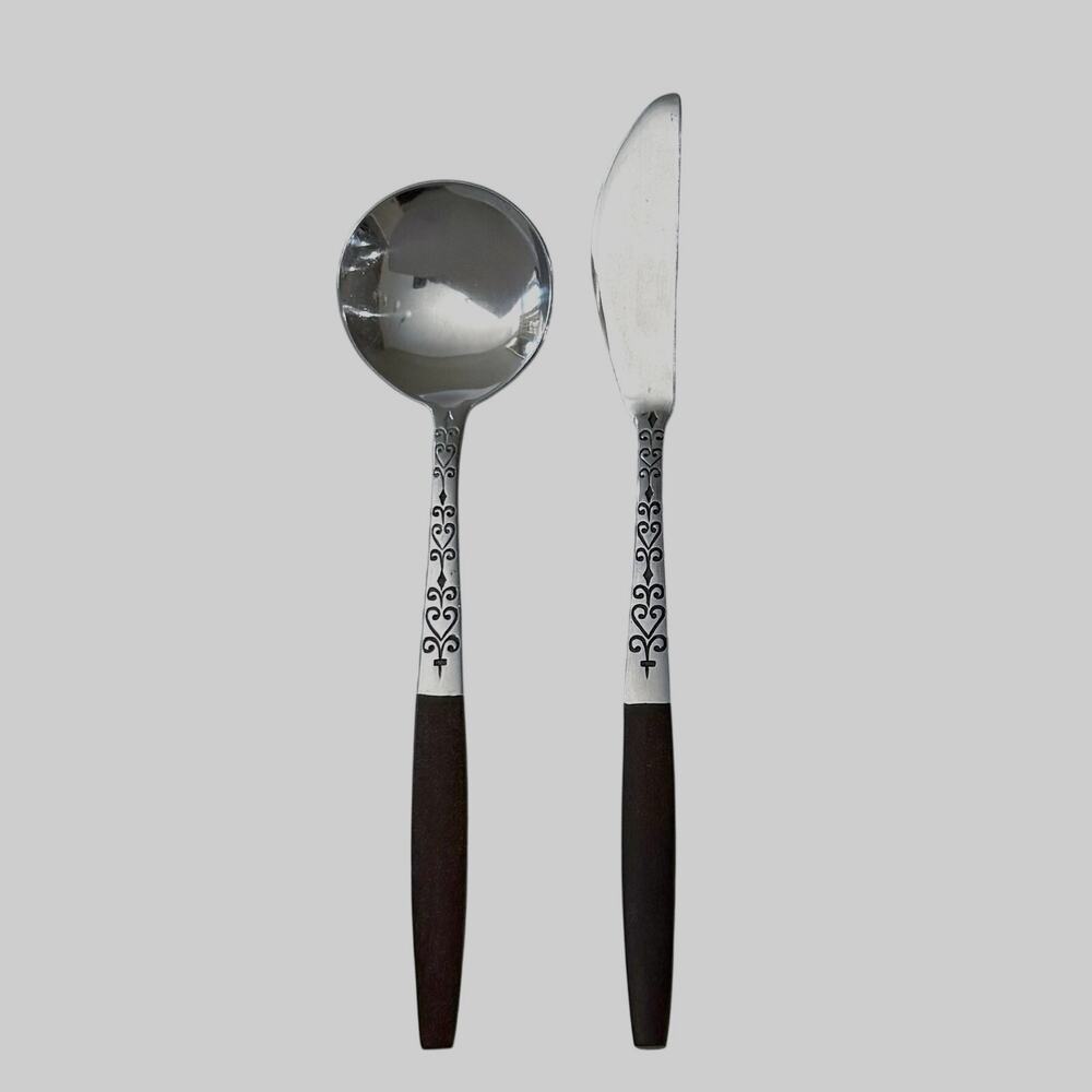 Interpur Jelly Spoon Butter Knife Set Scroll Faux Wood Stainless MCM Vintage